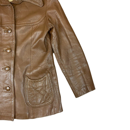 VTG 1970s LADIES SOFT BROWN NAPPA LEATHER JACKET LARGE ROUNDED COLLARS SIZE 8