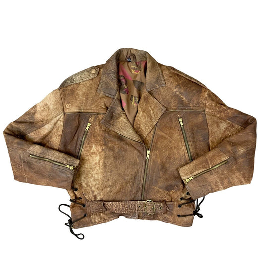 VTG 80s 90s BROWN LEATHER CROPPED BIKER JACKET SIZE UK 10 12