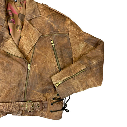 VTG 80s 90s BROWN LEATHER CROPPED BIKER JACKET SIZE UK 10 12
