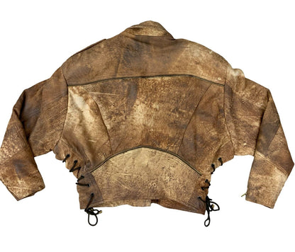 VTG 80s 90s BROWN LEATHER CROPPED BIKER JACKET SIZE UK 10 12