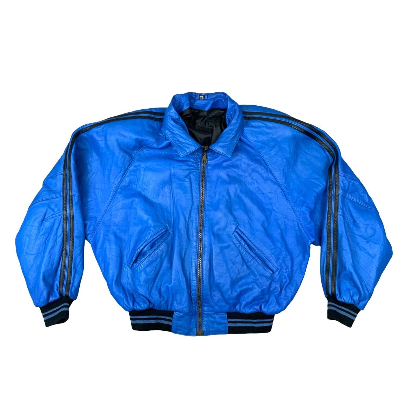 VTG 1980S BRIGHT BLUE SOFT LAMBSKIN LEATHER VARSITY STYLE BOMBER JACKET L 44