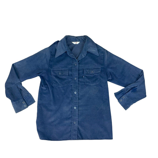 70s LEVIS BIG E BLUE TAB NAVY CORDUROY 2 POCKET DAGGER COLLAR EPAULETTES SHIRT S