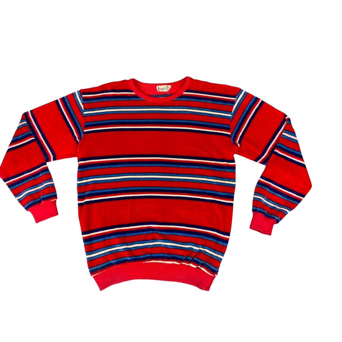 VTG 1970s IMAGO RETRO RED WHITE BLUE STRIPED VELOUR SWEATSHIRT MADE IN ITALY S M
