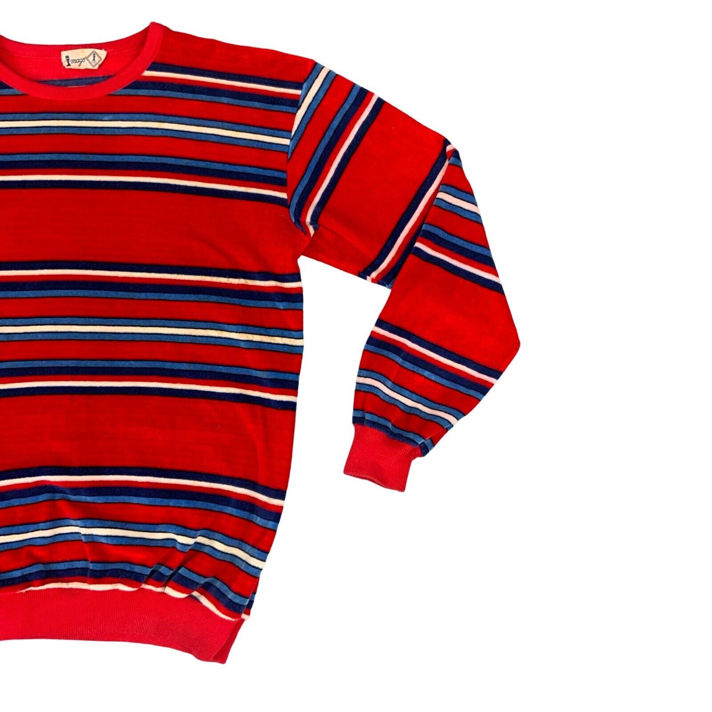 VTG 1970s IMAGO RETRO RED WHITE BLUE STRIPED VELOUR SWEATSHIRT MADE IN ITALY S M