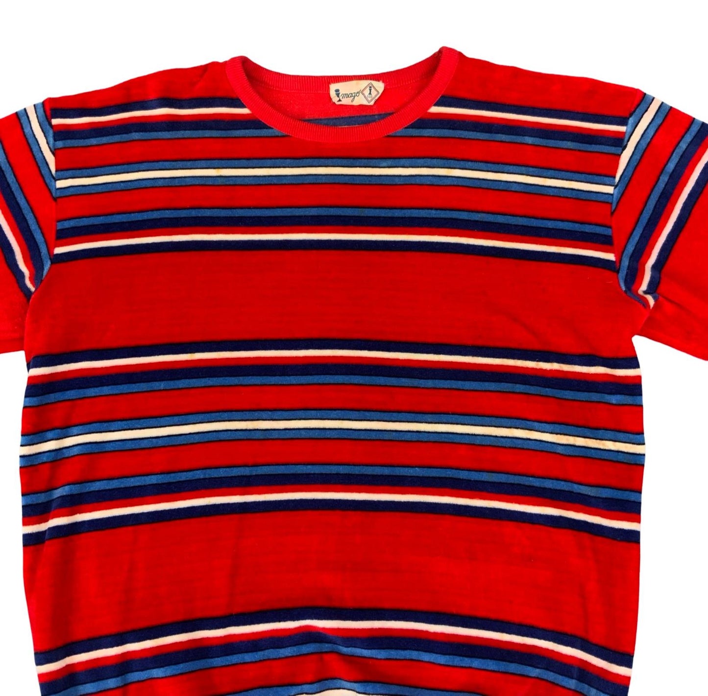 VTG 1970s IMAGO RETRO RED WHITE BLUE STRIPED VELOUR SWEATSHIRT MADE IN ITALY S M