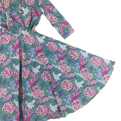 VTG 80s LAURA ASHLEY BLUE GREEN PURPLE FLORAL PLEATED MAXI DRESS UK 8 10