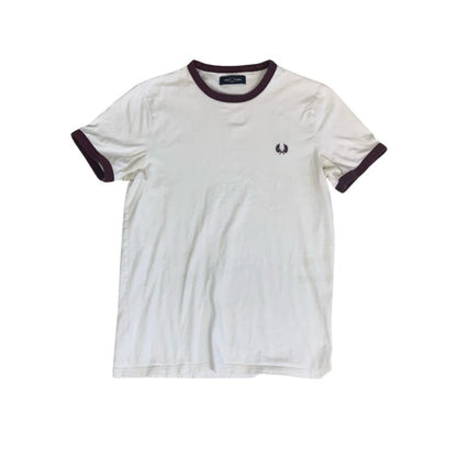 VTG FRED PERRY WHITE BURGUNDY RED SPORTS RINGER T-SHIRT SMALL