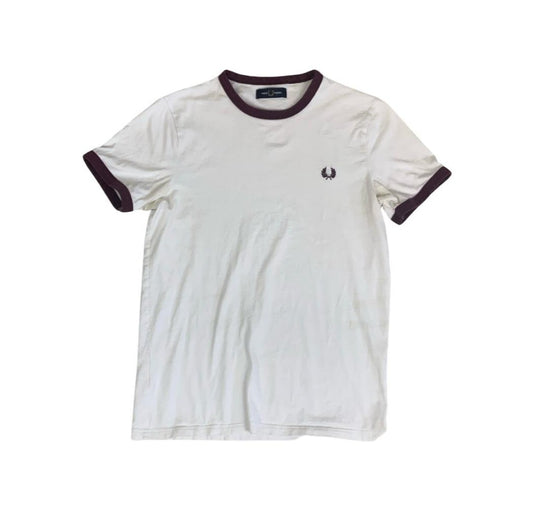 VTG FRED PERRY WHITE BURGUNDY RED SPORTS RINGER T-SHIRT SMALL