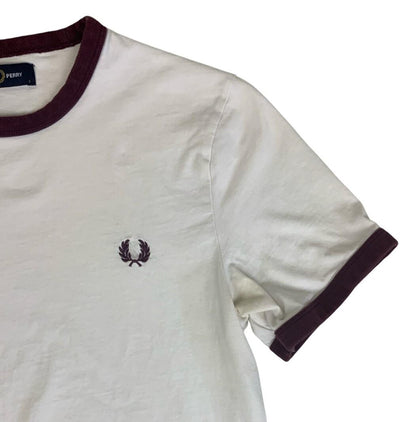 VTG FRED PERRY WHITE BURGUNDY RED SPORTS RINGER T-SHIRT SMALL