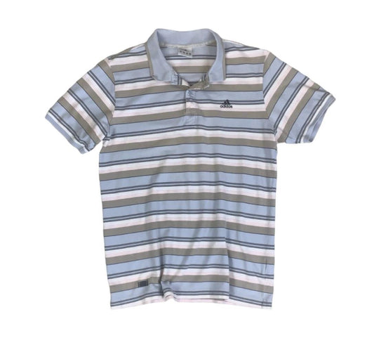 VTG 90S ADIDAS GREY BLUE WHITE STRIPED GOLF POLO NECK SHIRT MEDIUM