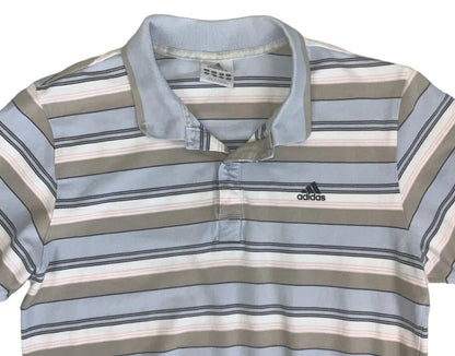 VTG 90S ADIDAS GREY BLUE WHITE STRIPED GOLF POLO NECK SHIRT MEDIUM