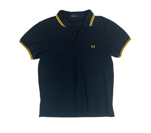 VTG FRED PERRY BLACK YELLOW TWIN TIPPED M3600 POLO NECK SHIRT SMALL
