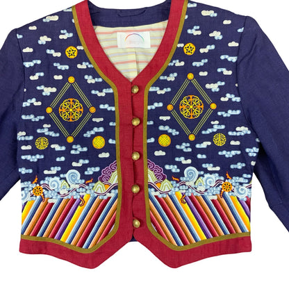 VTG 80s BOGNER MULTICOLOUR V NECK BUTTON UP EMBROIDERED LINEN JACKET UK 8 10