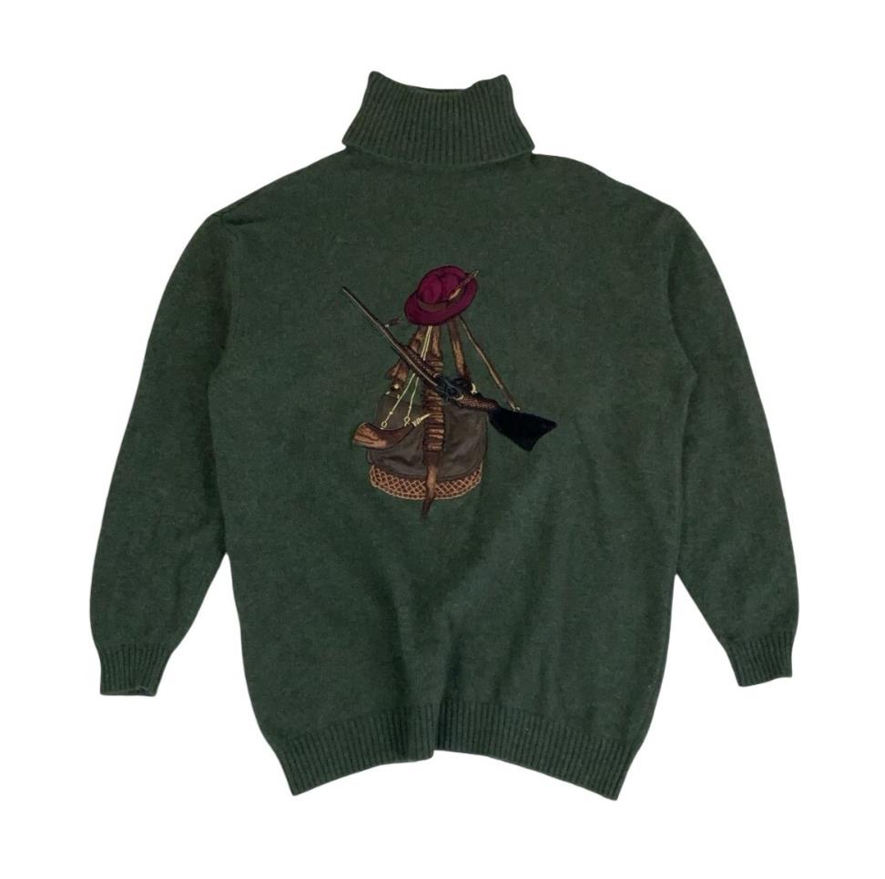 VTG MARELLA ITALIAN DESIGNER GREEN TURTLE NECK HUNTER GRAPHIC JUMPER UK 14 16