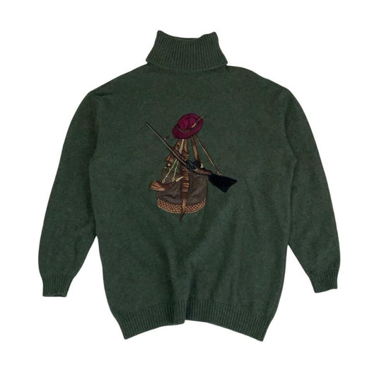 VTG MARELLA ITALIAN DESIGNER GREEN TURTLE NECK HUNTER GRAPHIC JUMPER UK 14 16