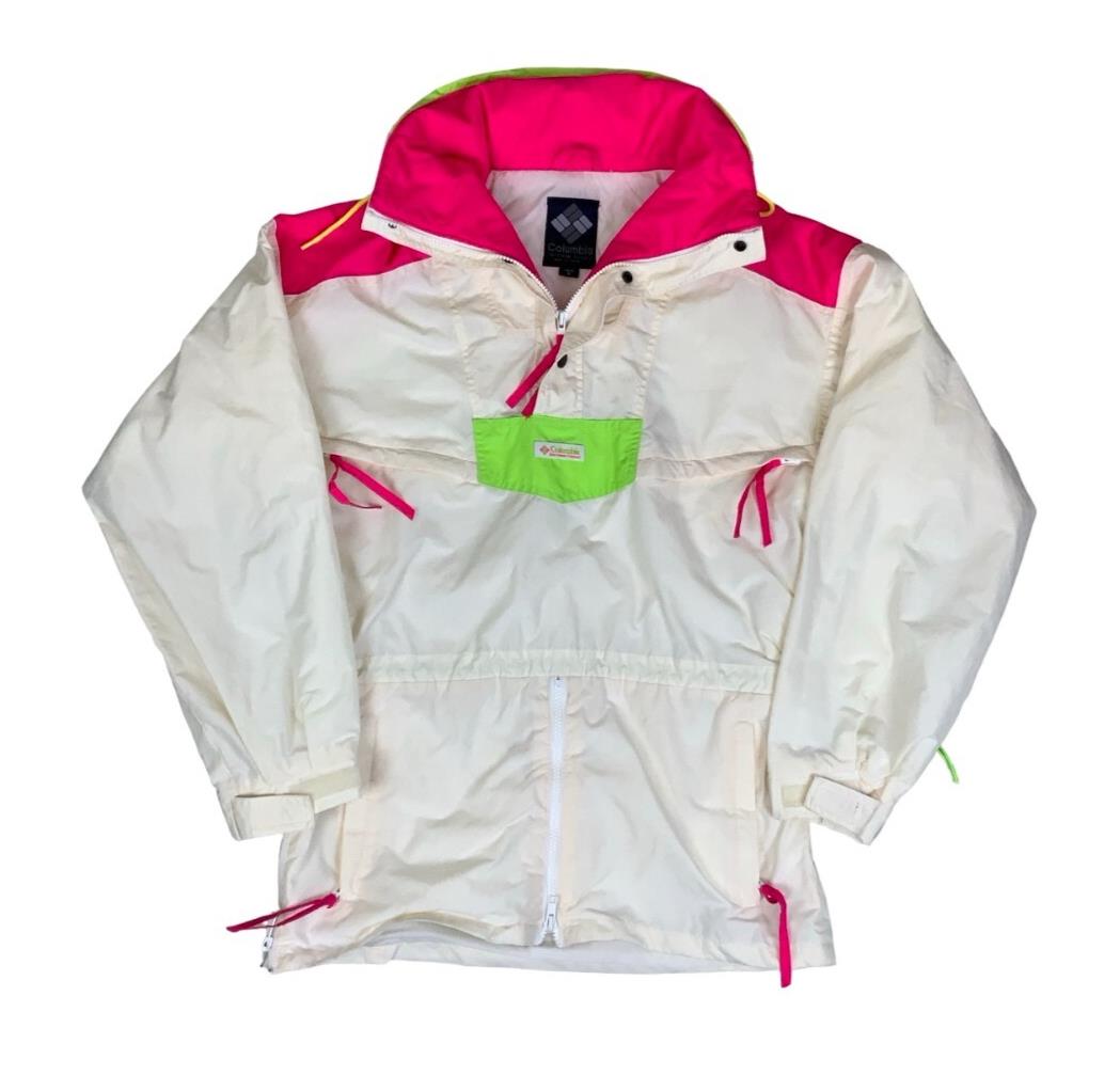 VTG 90s RETRO COLUMBIA PULLOVER NEON WHITE PINK GREEN WINDBREAKER MEDIUM