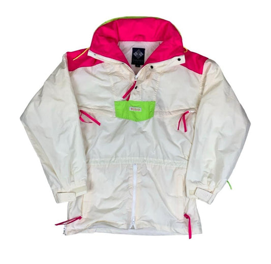 VTG 90s RETRO COLUMBIA PULLOVER NEON WHITE PINK GREEN WINDBREAKER MEDIUM