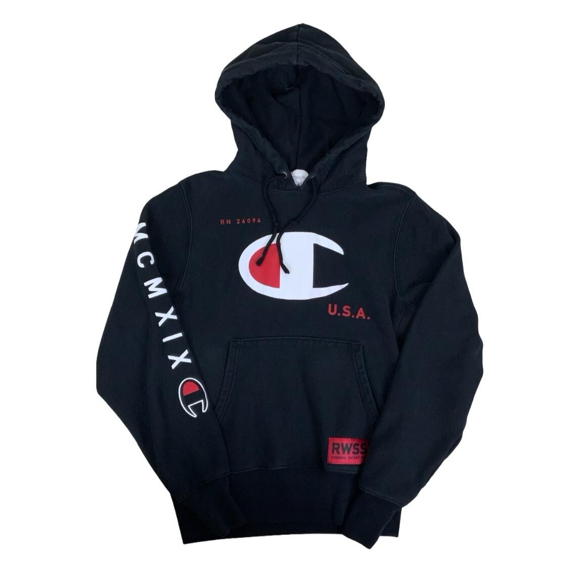 VTG 90S CHAMPION BLACK GRAPHIC HOODIE OVERSIZED SMALL