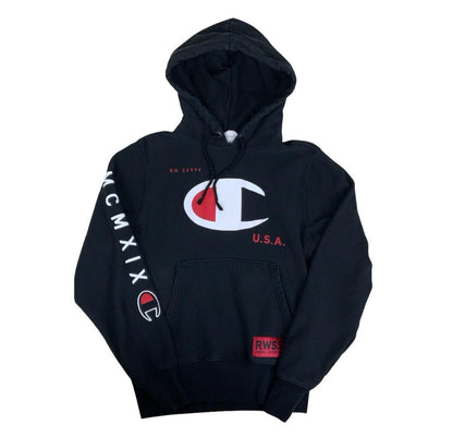 VTG 90S CHAMPION BLACK GRAPHIC HOODIE OVERSIZED SMALL