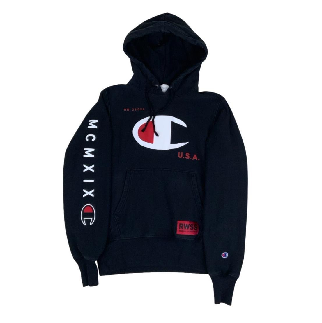 VTG 90S CHAMPION BLACK GRAPHIC HOODIE OVERSIZED SMALL