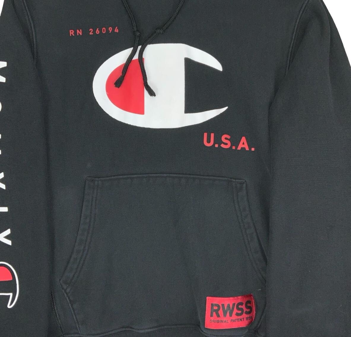 VTG 90S CHAMPION BLACK GRAPHIC HOODIE OVERSIZED SMALL