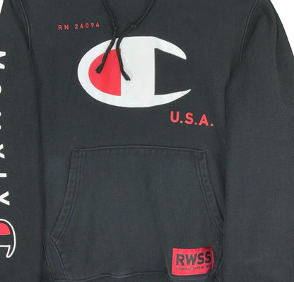 VTG 90S CHAMPION BLACK GRAPHIC HOODIE OVERSIZED SMALL