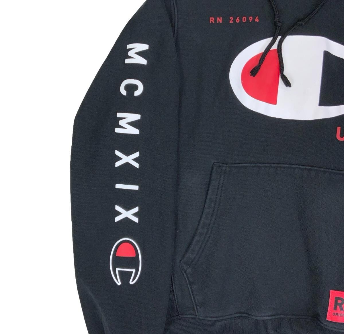 VTG 90S CHAMPION BLACK GRAPHIC HOODIE OVERSIZED SMALL