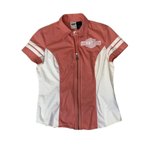 VTG Y2K HARLEY DAVIDSON GENUINE MOTORS ORANGE WHITE ZIP-UP SHIRT M