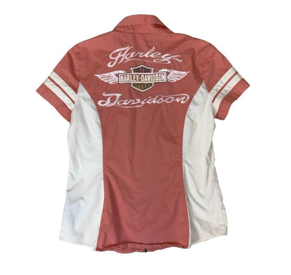 VTG Y2K HARLEY DAVIDSON GENUINE MOTORS ORANGE WHITE ZIP-UP SHIRT M