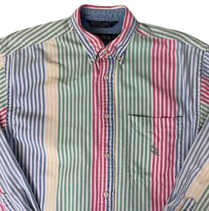 VTG Y2K NAUTICA MULTICOLOURED STRIPED LONG SLEEVED SHIRT M L