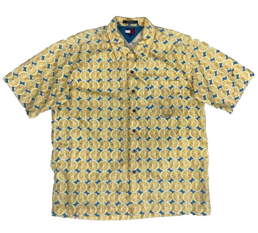 VTG 80S 90S TOMMY JEANS YELLOW BLUE LEMON SHORT SLEEVED SHIRT XL