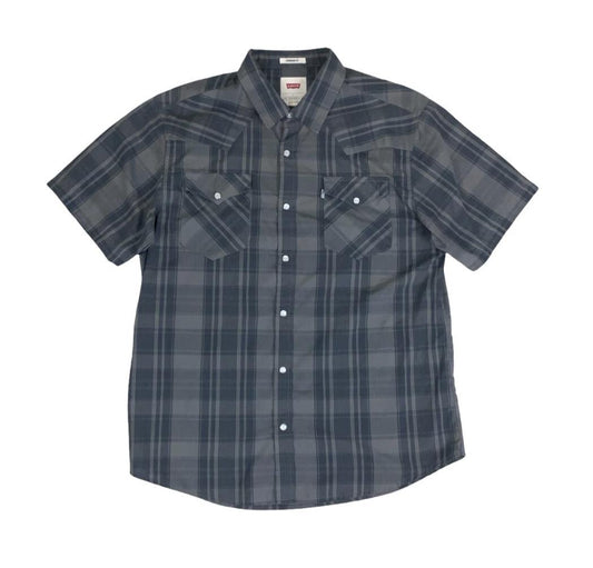 VTG 90S LEVI'S GREY CHECKED SHORT SLEEVED SNAP BUTTON SHIRT M