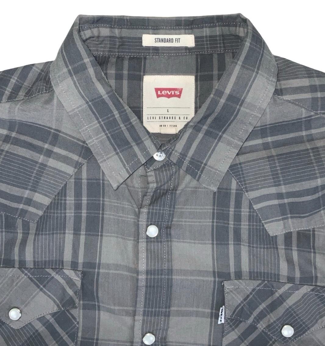 VTG 90S LEVI'S GREY CHECKED SHORT SLEEVED SNAP BUTTON SHIRT M