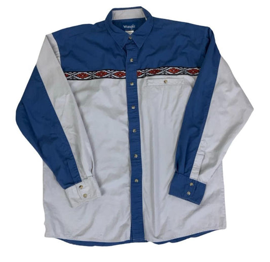 VTG 90S Y2K WRANGLER BLUE WHITE EMBROIDERED WESTERN LONG SLEEVED SHIRT XL