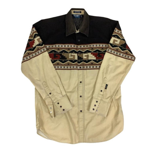 VTG 90S Y2K BROOKS & DUNN BROWN BEIGE WESTERN AZTEK LONG SLEEVED SHIRT M
