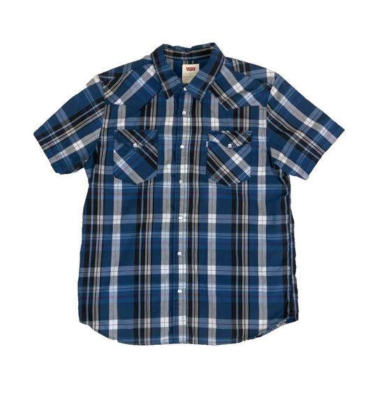 VTG 90S LEVI'S WESTERN BLUE GREY WHITE PLAID SHORT SLEEVED SHIRT M
