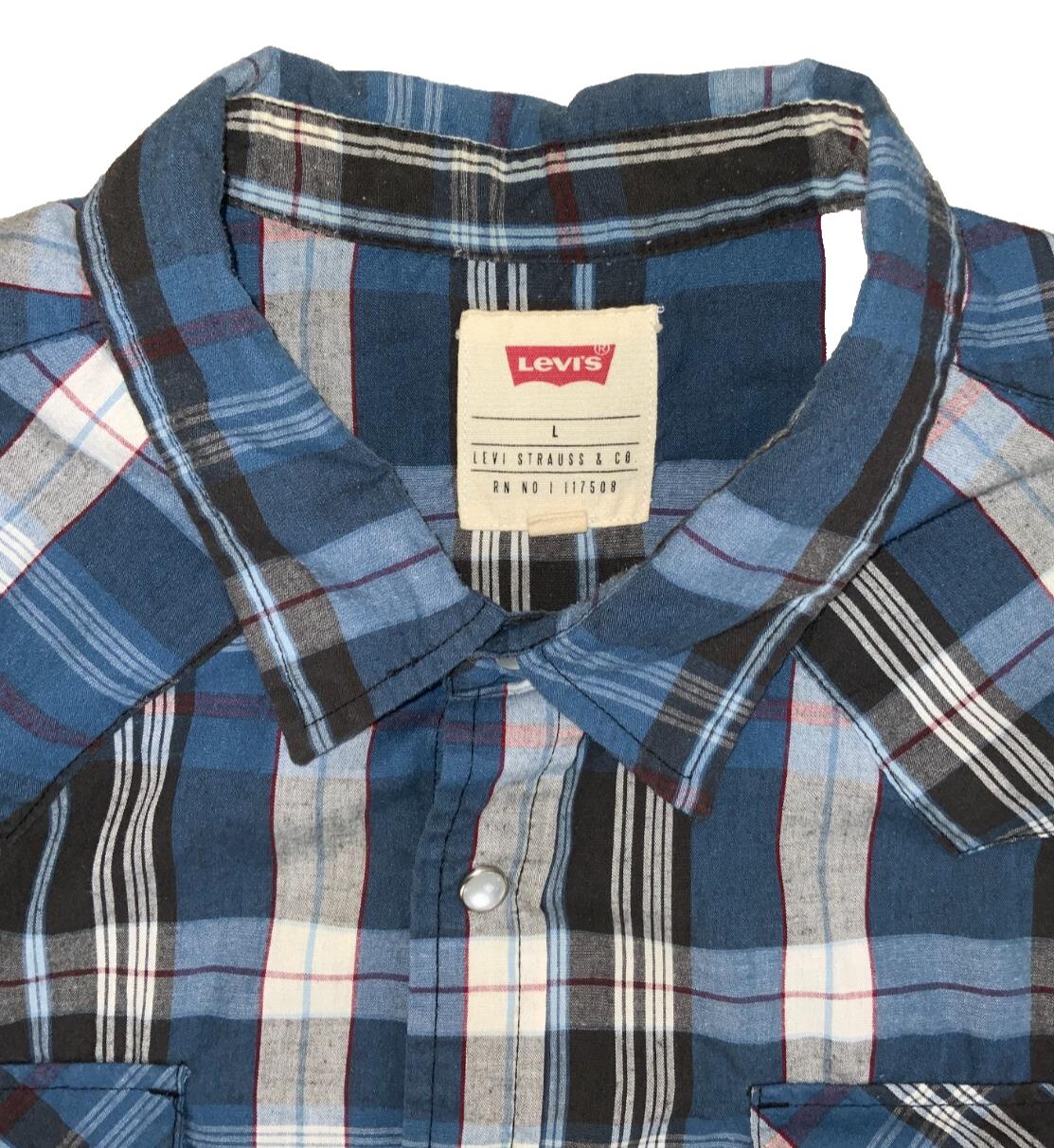 VTG 90S LEVI'S WESTERN BLUE GREY WHITE PLAID SHORT SLEEVED SHIRT M