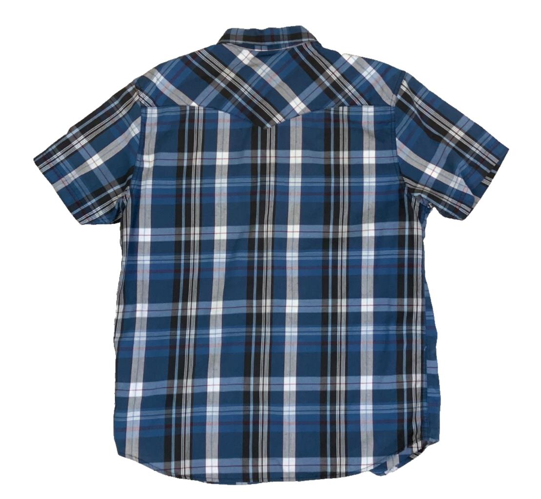VTG 90S LEVI'S WESTERN BLUE GREY WHITE PLAID SHORT SLEEVED SHIRT M