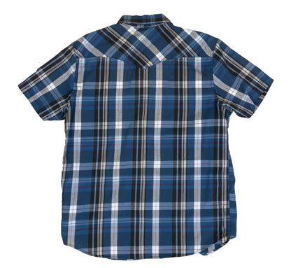 VTG 90S LEVI'S WESTERN BLUE GREY WHITE PLAID SHORT SLEEVED SHIRT M