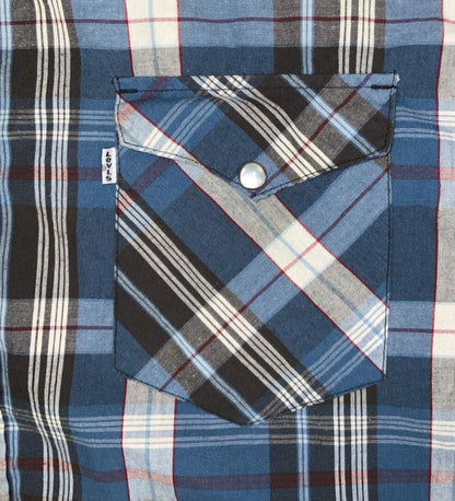 VTG 90S LEVI'S WESTERN BLUE GREY WHITE PLAID SHORT SLEEVED SHIRT M