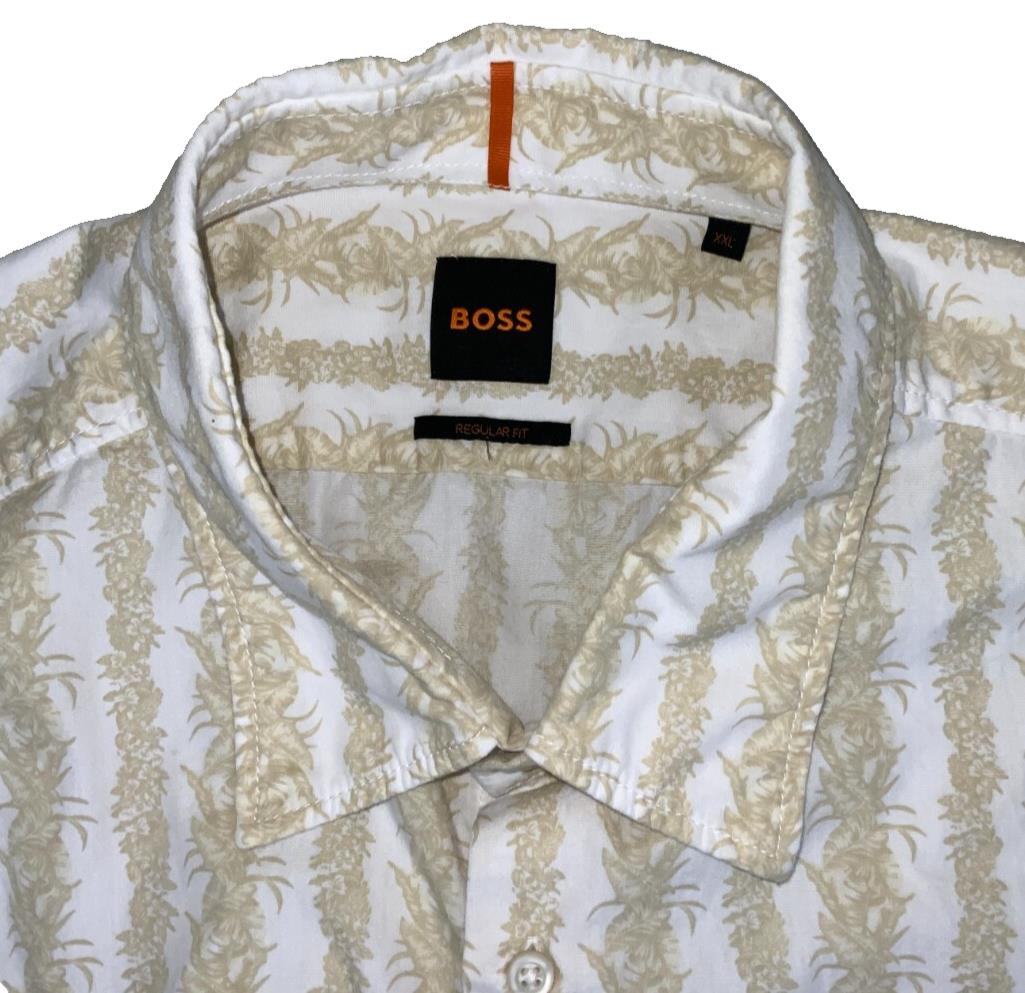 VTG 90S BOSS BEIGE BOTANICAL HAWAIIAN SHORT SLEEVED SHIRT XL