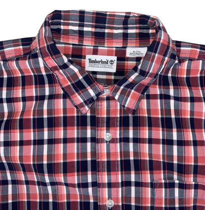 VTG 90S TIMBERLAND RED BLUE WHITE PLAID SHORT SLEEVED SHIRT XL
