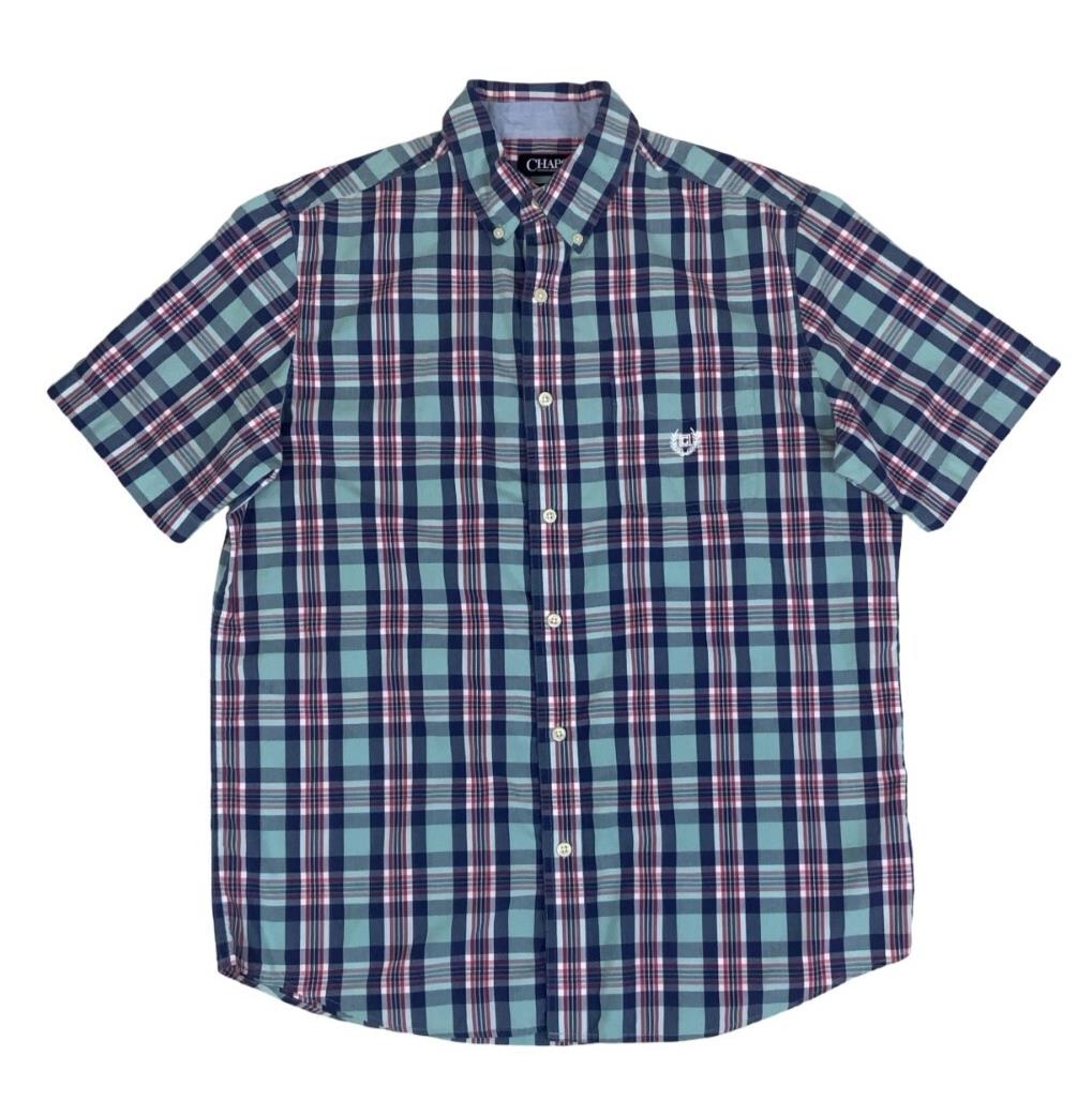 VTG 90S CHAPS BLUE RED PLAID SHORT SLEEVED BUTTON DOWN SHIRT LARGE