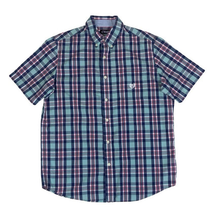 VTG 90S CHAPS BLUE RED PLAID SHORT SLEEVED BUTTON DOWN SHIRT LARGE