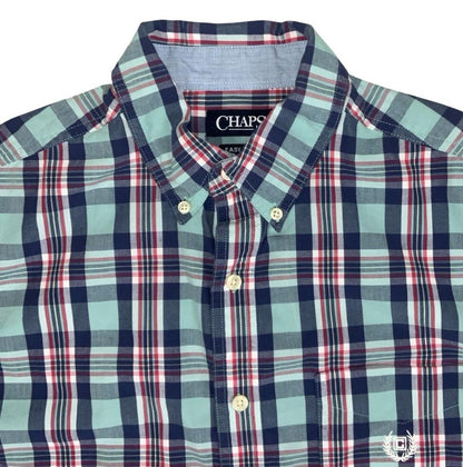 VTG 90S CHAPS BLUE RED PLAID SHORT SLEEVED BUTTON DOWN SHIRT LARGE