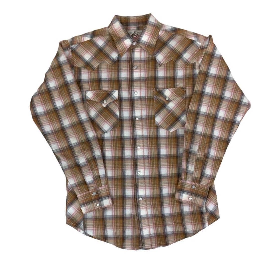 VTG WRANGLER AMERICAN COWBOYS WESTERN ORANGE BROWN WHITE PLAID SHIRT M