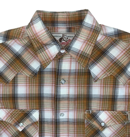 VTG WRANGLER AMERICAN COWBOYS WESTERN ORANGE BROWN WHITE PLAID SHIRT M