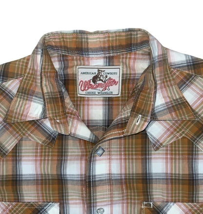 VTG WRANGLER AMERICAN COWBOYS WESTERN ORANGE BROWN WHITE PLAID SHIRT M