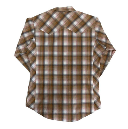 VTG WRANGLER AMERICAN COWBOYS WESTERN ORANGE BROWN WHITE PLAID SHIRT M