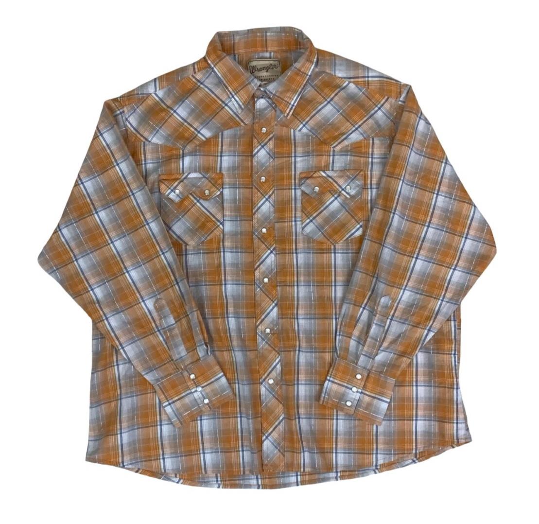 VTG 90S WRANGLER WESTERN PEARL SNAP ORANGE WHITE PLAID SHIRT 2XL